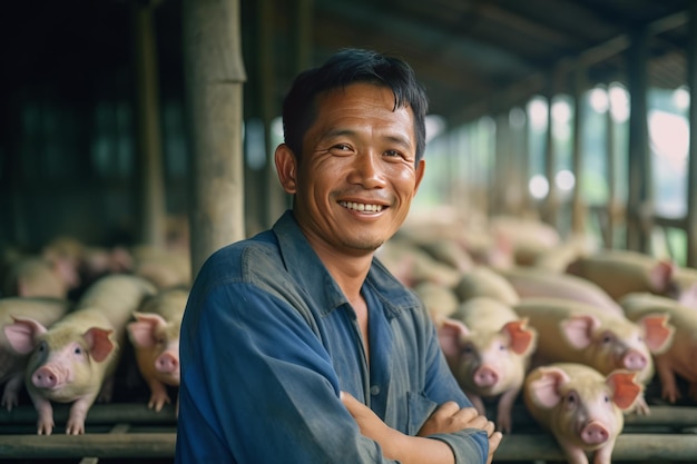 Un éleveur de porcs asiatique souriant se tient les bras croisés dans l'abri de volaille