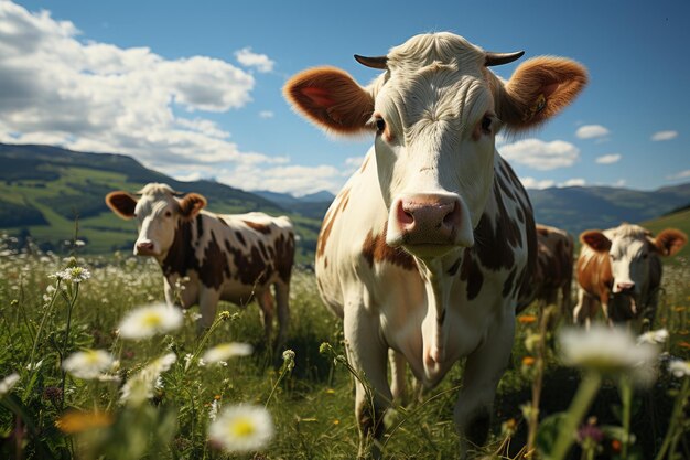 Photo un éleveur de vaches élève des vaches heureusement produits de pâturage à grande échelle de la ferme de vaches à vendre viande lait fromage beurre