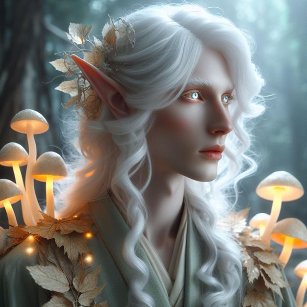 Un elfe albinos de stature gracieuse ses cheveux argentés tombent en boucles délicates sur ses épaules