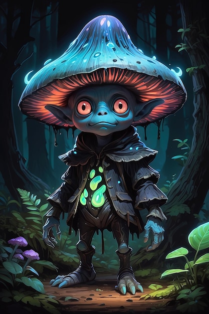 Elfe extraterrestre fantastique avec une tête de champignon dans la forêt Illustration pour livre pour enfants
