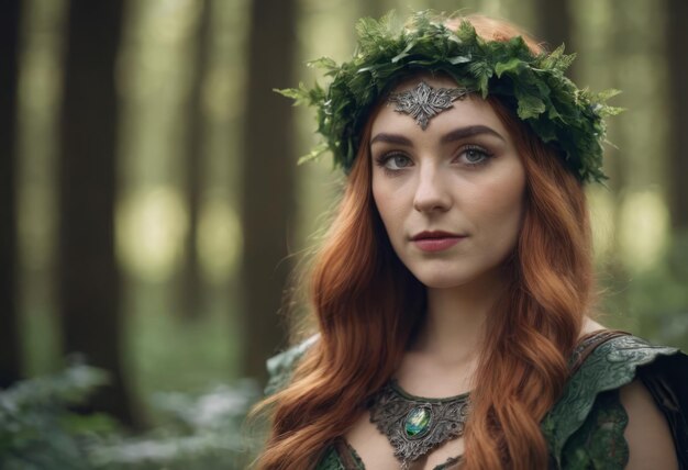 Une elfe vêtue d'une cape et avec une couronne sur la tête dans la forêt un elfe fantastique de la forêt une belle femme fantastique