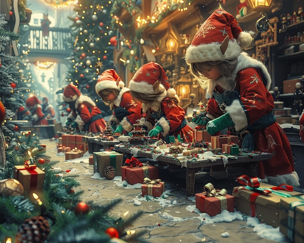 Photo des elfes de noël préparent des cadeaux dans un atelier.