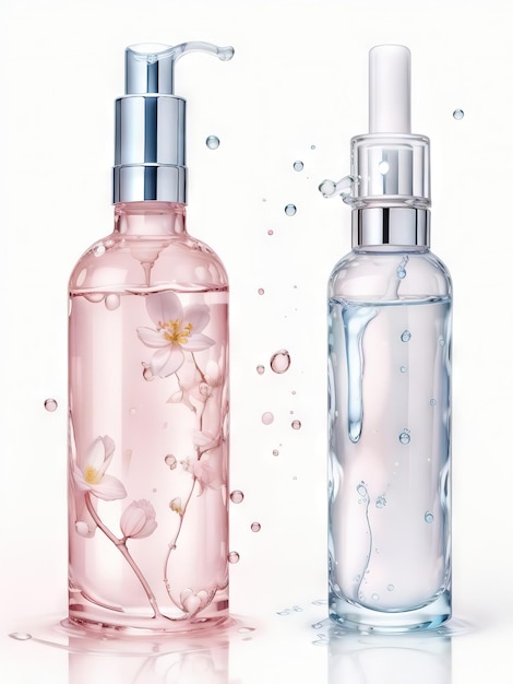 Élixir floral La beauté des bouteilles de soins de la peau ornées d'eau et de fleurs