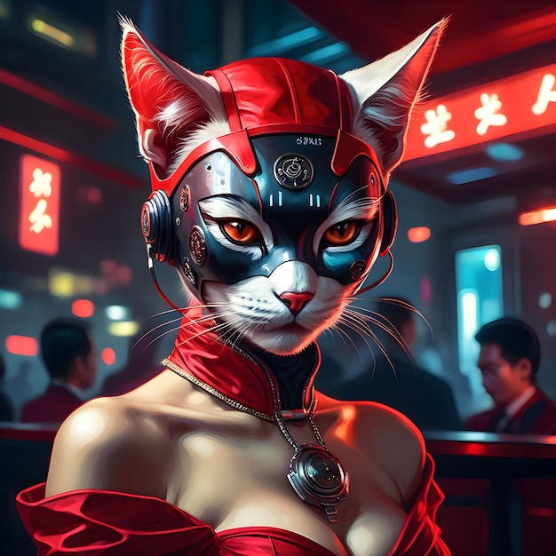 Elle est la chatte cyberpunk asiatique fatale dans une robe rouge chère au bal de mascarade Elle est intelligente