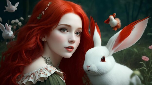Elle était belle avec les cheveux roux Elle a de belles ailes et un petit lapin avec elle