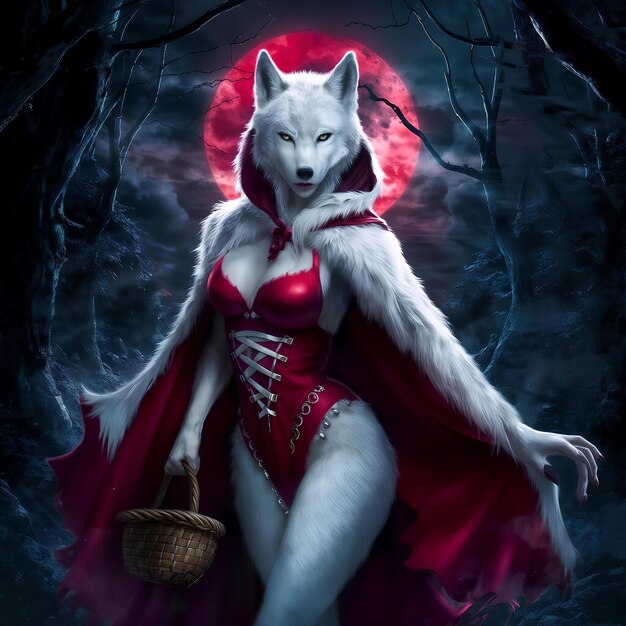 Elle, le loup et Little Red Riding Hood sous la pleine lune rouge