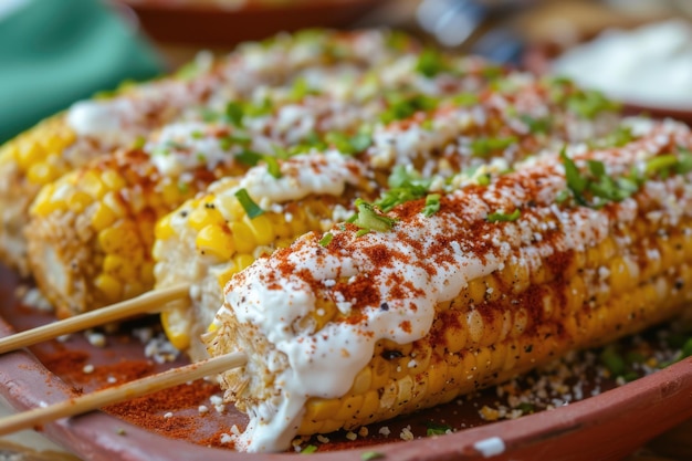 Elotes Grilled Mexican Street Corn sur la tourbe avec du fromage cotija, du chili en poudre et de la mayonnaise