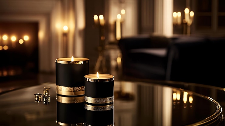 Photo un emballage de bougies élégant affiché sur une surface réfléchissante avec des accents dorés et noirs captant une lumière douce dans une pièce de luxe faiblement éclairée avec des meubles en velours et des bougies brillantes en arrière-plan