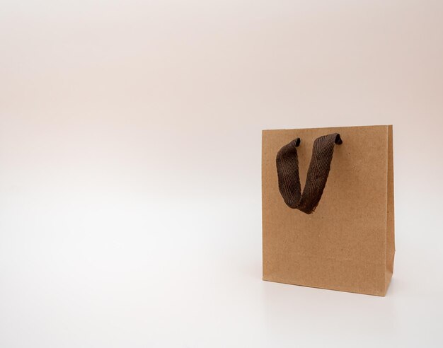 Emballage cadeau kraft isolé sur un fond clair sac kraft avec des mains brunes le concept de recyclage des cadeaux shopping remises