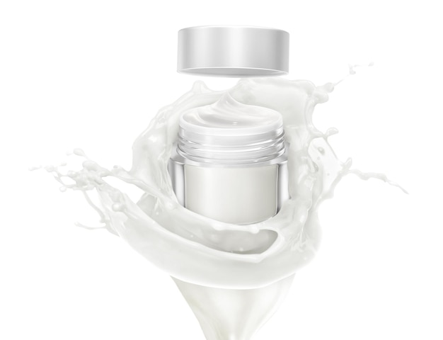 Emballage de cosmétiques ou de lotions sur éclaboussures de lait entourées isolées sur blanc