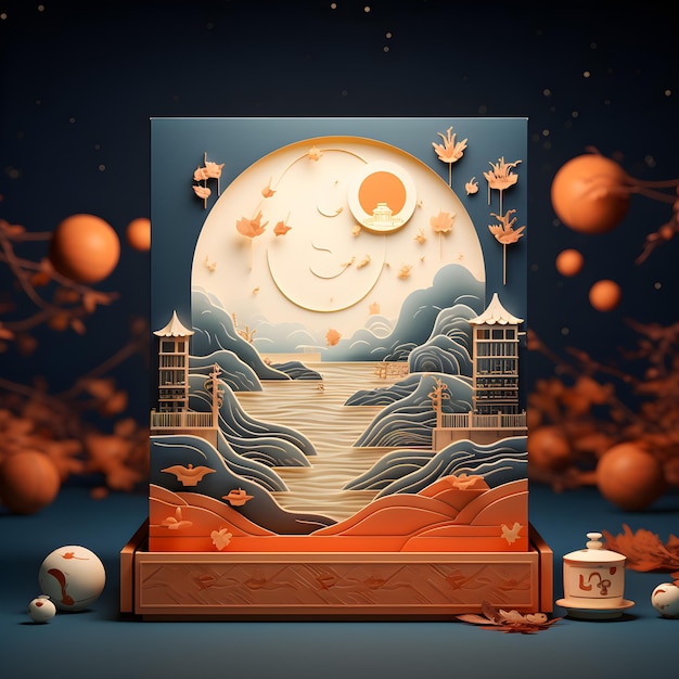 Photo emballage créatif de gâteau de lune pour le festival de la mi-automne avec rendu 3d du concept de festival traditionnel