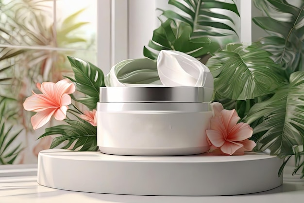 emballage de crème blanchissante 3D sur support blanc avec des plantes tropicales naturelles légères annonce cosmétique