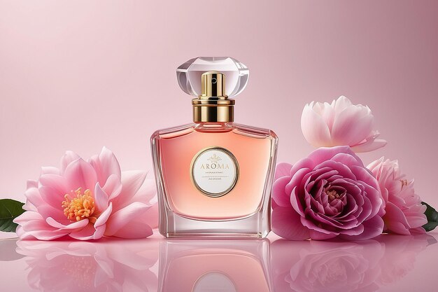 Emballage de décorations de parfums à arômes de luxe concept de produit avec fond de fleur