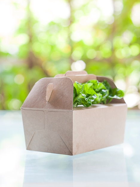 Emballage des légumes boîte brune sur le dessus avec fond clair de bokeh vert