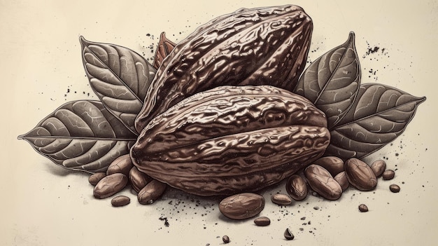 Photo emballage minimaliste de barres de chocolat avec illustrations de fèves de cacao ia générative