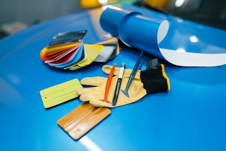 Photo emballage de voiture, feuille de vinyle de protection ou palette de couleurs de film et outils d'installation sur le gros plan du véhicule. détails automatiques
