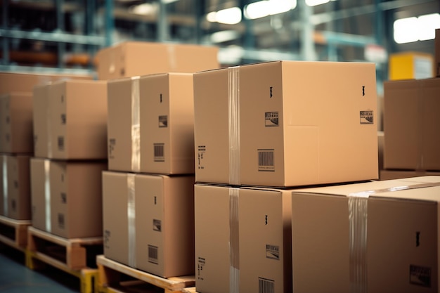 emballages en boîtes de carton dans un centre logistique de distribution d'entrepôt avec un gros plan de taille similaire