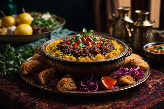 Photo embarquez pour un voyage culinaire le festin coloré de la cuisine arabe, des kebabs aux délices du pilaf