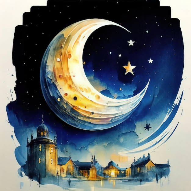 Embauche d'affiche Ramadan croissant de lune forme 8k couleur de l'eau étoiles ciel