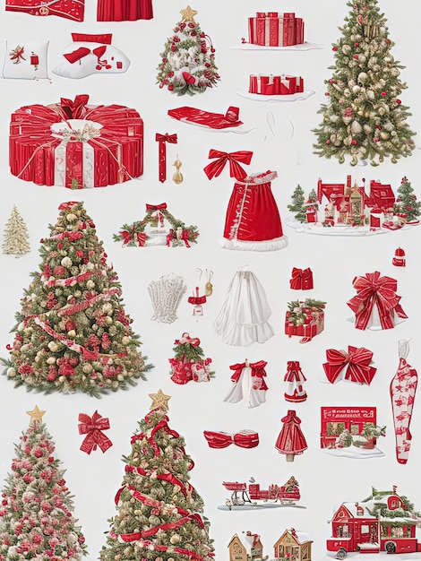 Embauche d'articles de Noël, de Père Noël et de décoration avec des cadeaux, des accessoires et des boules de couleurs.