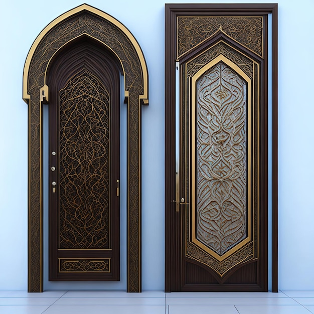Photo embauche pour la décoration de porte de palais en bois texture bois d'acajou avec des décorations dorées brillantes