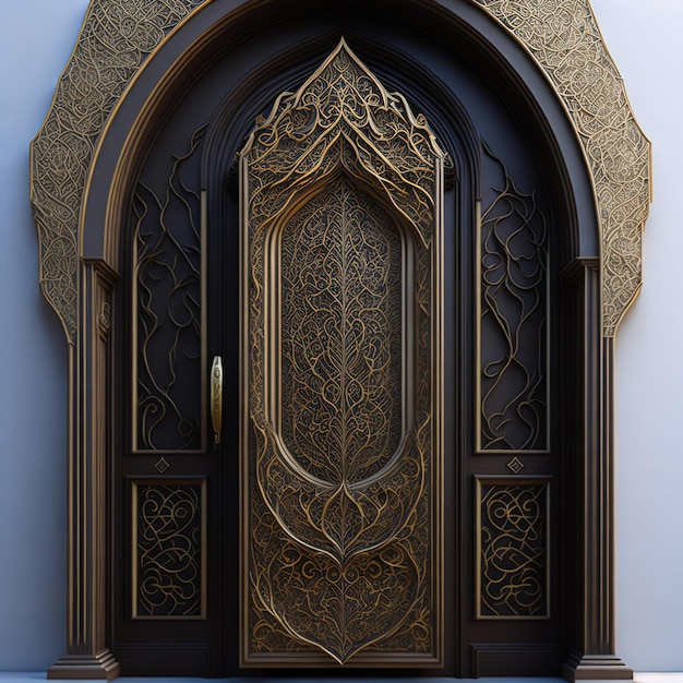 Photo embauche pour la décoration de porte de palais en bois texture bois d'acajou avec des décorations dorées brillantes