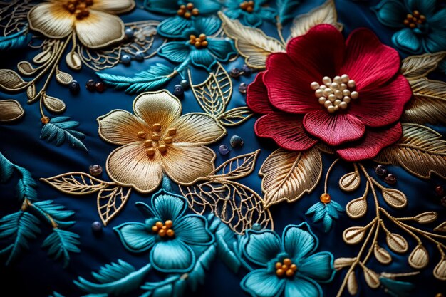 Des embellissements de broderie intricats sur un fond textile en soie aux couleurs vives