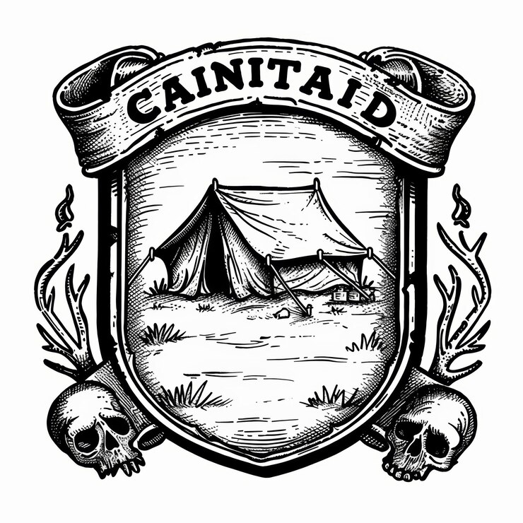 Photo emblème de camping vintage avec des accents de tente et de crâne