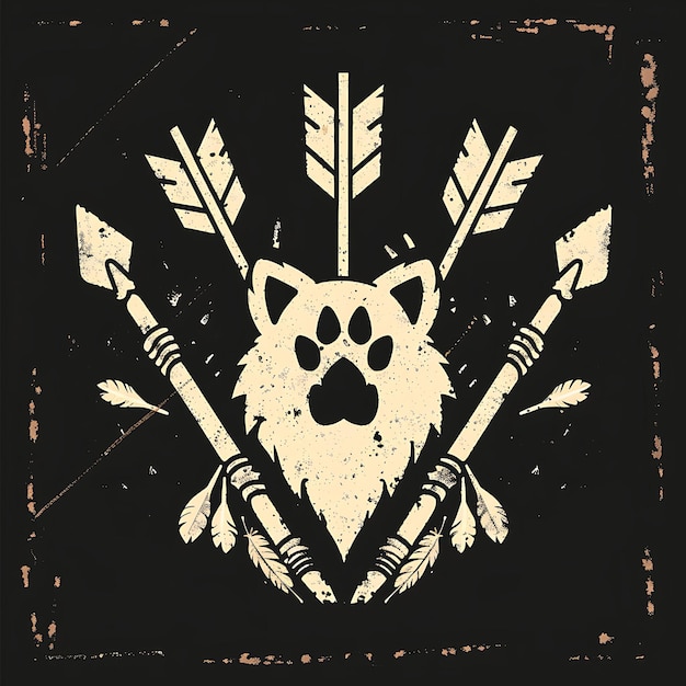 Emblème du clan du chasseur primal avec des flèches et des traces d'animaux pour le dessin d'encre de tatouage de T-shirt