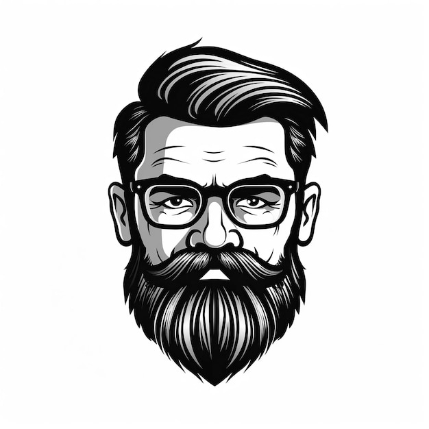 emblème du logo avec le visage d'un homme barbu avec une moustache et des lunettes sur un fond blanc isolé