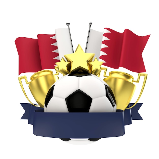 Photo emblème des gagnants du football du drapeau de bahreïn avec trophée étoiles ballon et ruban rendu 3d