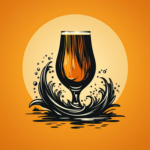 Photo emblème de logo rond rétro symbole d'un verre doré de bière mousseuse sur un fond jaune