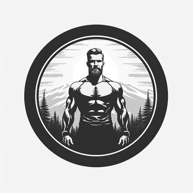 emblème de logo rond avec une silhouette d'un bodybuilder d'athlète masculin avec un corps musclé sur fond blanc