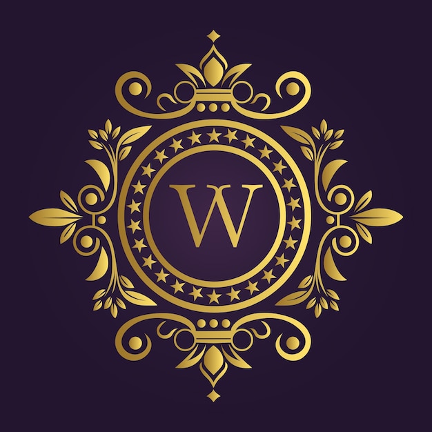 Emblème d'or luxueux avec la lettre W stylisée sur fond violet foncé