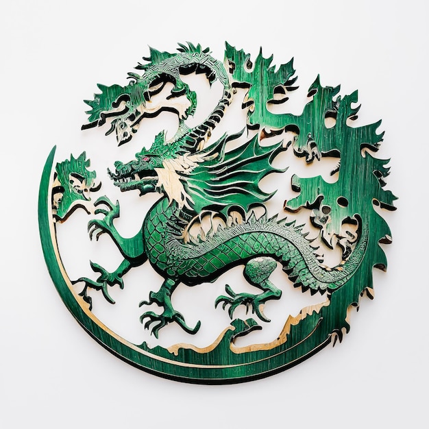 Photo emblème rond sculpté avec un dragon vert en bois sur un fond clair