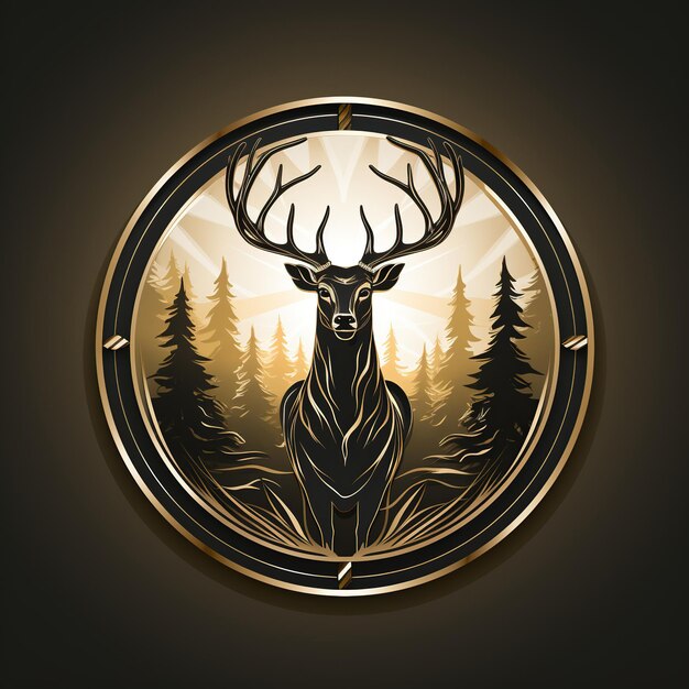 Photo emblème rond avec une silhouette d'un cerf à cornes dans la forêt sur un fond sombre