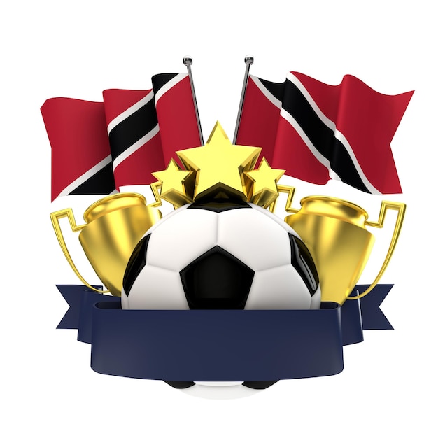 Emblème des vainqueurs de football du drapeau de la Trinité avec ballon et ruban d'étoiles du trophée Rendu 3D