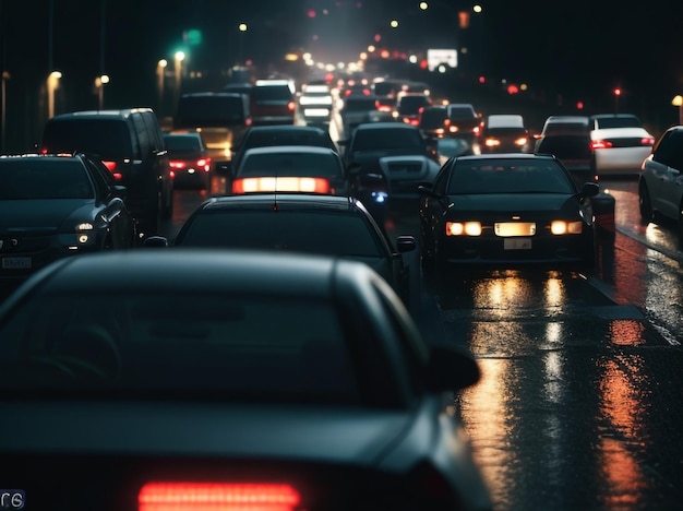 Photo embouteillage sous la pluie avec une mer de voitures lors d'une soirée pluvieuse