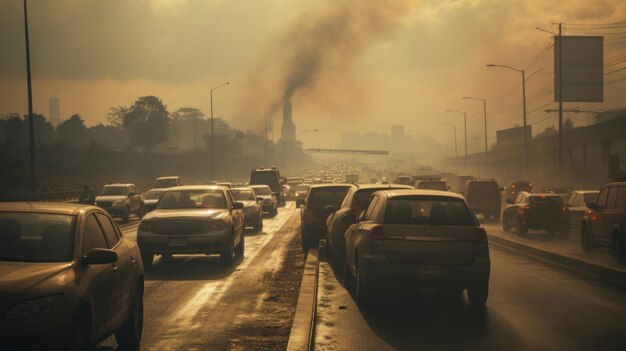 Photo les embouteillages sur l'autoroute la poussière la saleté et les impuretés dans l'air la voiture était brumeuse et très couverte