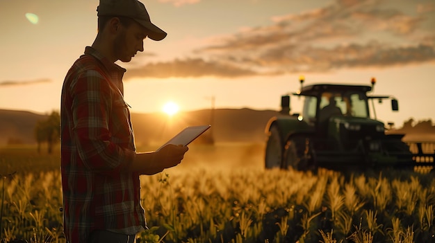 Photo embrassant l'aube de l'innovation agrotechnique, l'agriculteur utilise une tablette pour contrôler les machines agricoles intelligentes