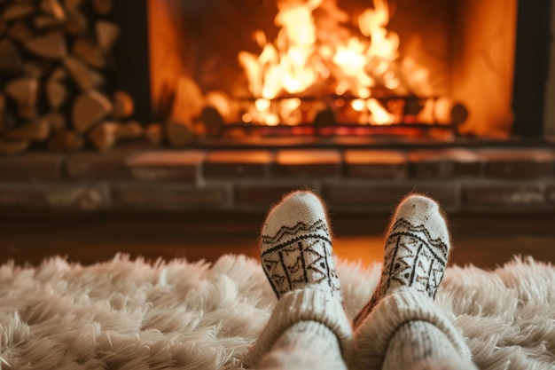 Embrassant la chaleur luxuriant dans des chaussettes de laine confortables par la cheminée craquante