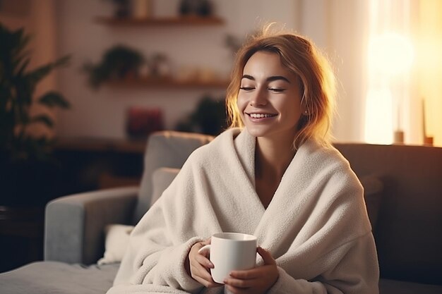 Embrassant l'hygge et la vie lente Une jeune femme satisfaite trouvant du réconfort dans une maison confortable avec une tasse de