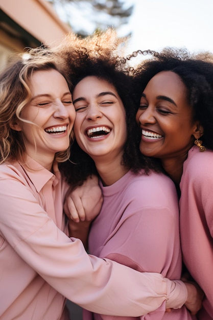 Photo embrassement chaleureux d'amitié amis qui s'embrassent et rient lors d'une réunion sur un simple et beau sourire