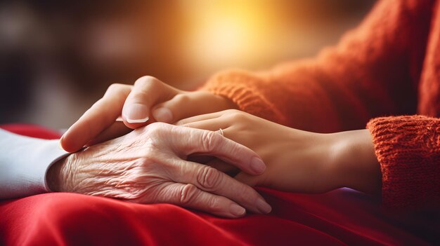 Photo embrassement tendre des mains de l'aîné et de la fille connexion familiale concept d'amour et de soutien dans un cœur