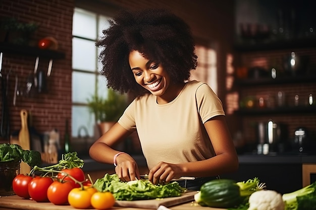 Embrasser le bonheur culinaire Une femme noire joyeuse exploitant le pouvoir des ingrédients naturels pour fabriquer