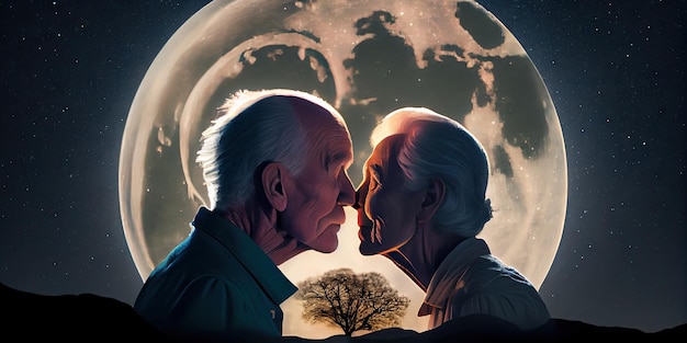 Embrasser un couple romantique sur le paysage et la réflexion sur le ciel cosmique en forme de cercle