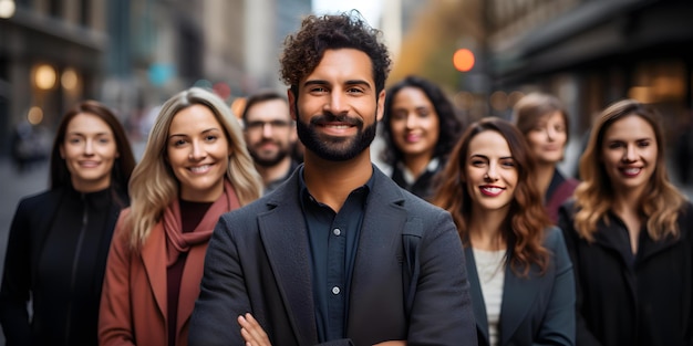 Embrasser la diversité Un groupe d'individus confiants dans un environnement urbain Concept Diversité Groupe de confiance Portrait environnement urbain