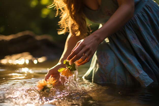 Embrasser la main d39une femme d39été dans la beauté de l39eau de rivière IA générative