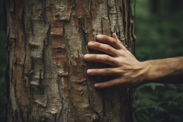 Embrasser la nature Serenité La main touchant le tronc de l'arbre