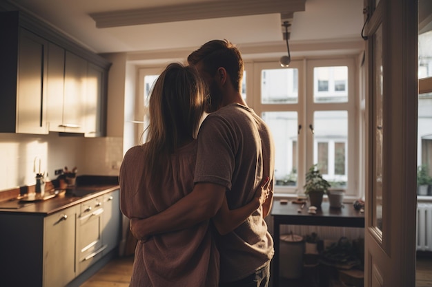 Embrasser un nouveau départ Un jeune couple submergé de joie dans son nouvel appartement